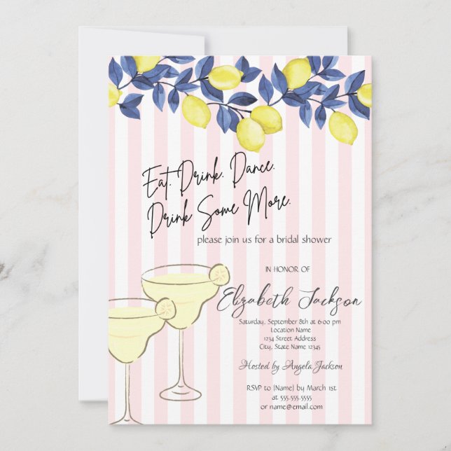 Invitation Aquarelle Citrons Bleus Martini Grandes Roses (Devant)