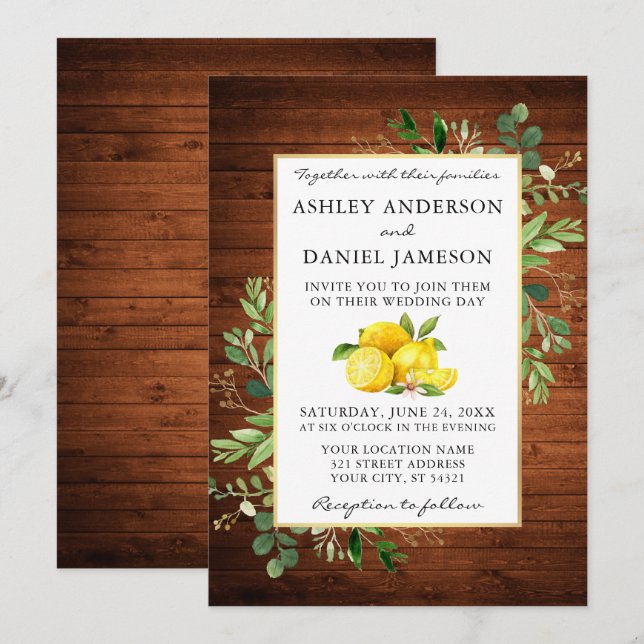 Invitation Aquarelle Citrons Bois Mariage (Devant / Derrière)