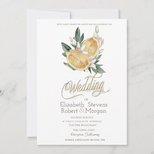 Invitation Aquarelle Citrons Botanique Points de Mariage (Devant)