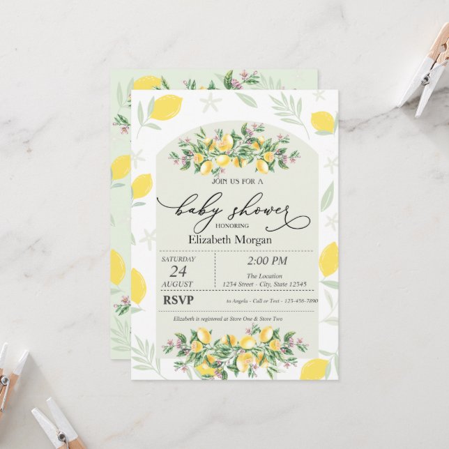 Invitation Aquarelle Citrons Cadre Baby Shower (Devant/Arrière en situation)