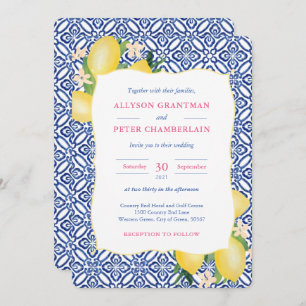 Invitation Aquarelle Citrons Carreaux Bleus Amalfi Mariage