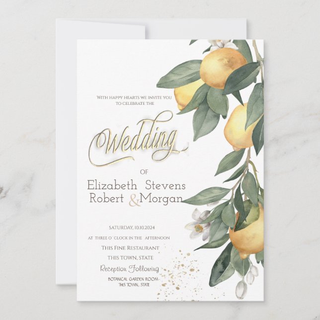 Invitation Aquarelle Citrons Carreaux Verts Mariage (Devant)