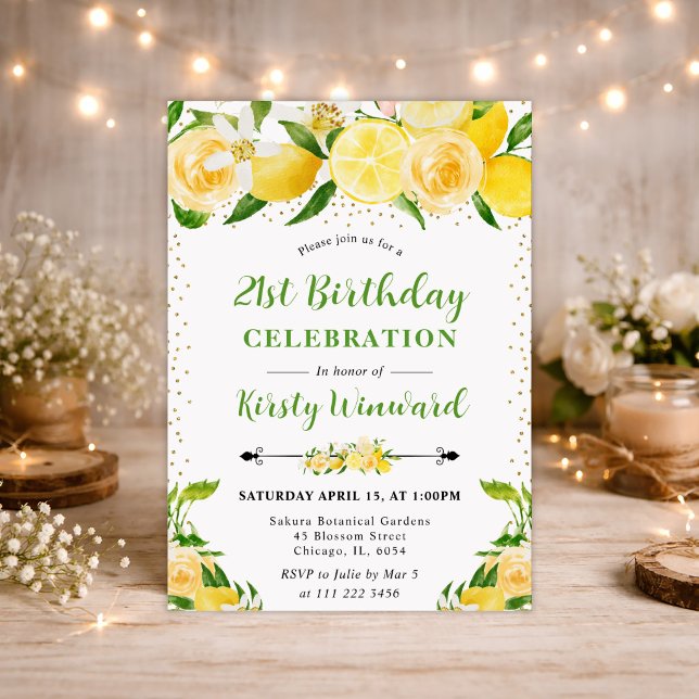 Invitation Aquarelle Citrons et Fleurs 21e anniversaire (Créateur téléchargé)