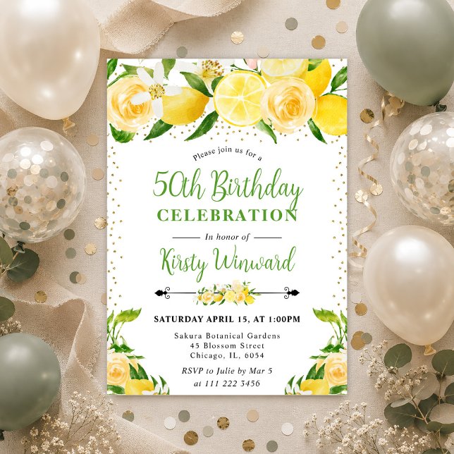 Invitation Aquarelle Citrons et fleurs 50e anniversaire (Créateur téléchargé)