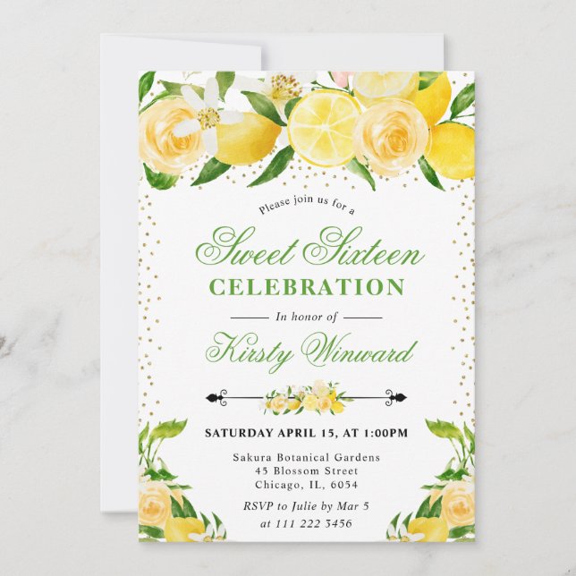 Invitation Aquarelle Citrons et Fleurs Photo Sweet 16 Invit (Devant)