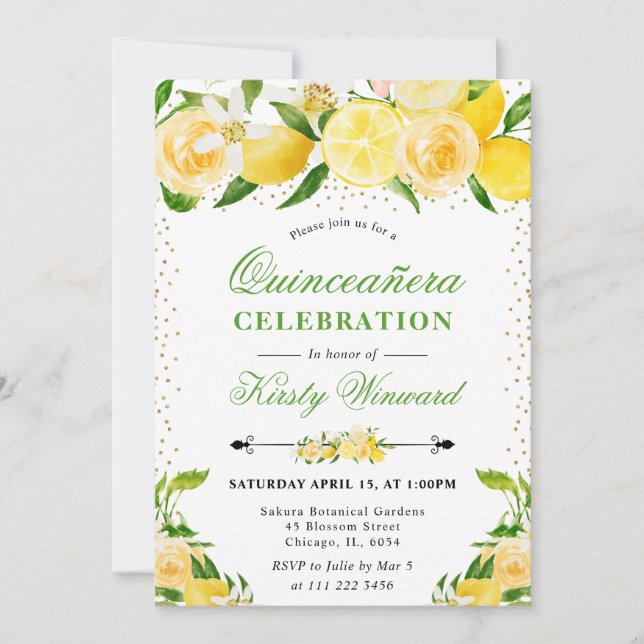 Invitation Aquarelle Citrons et Fleurs Quinceanera (Devant)