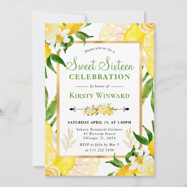 Invitation Aquarelle Citrons et Fleurs Sweet 16 (Devant)