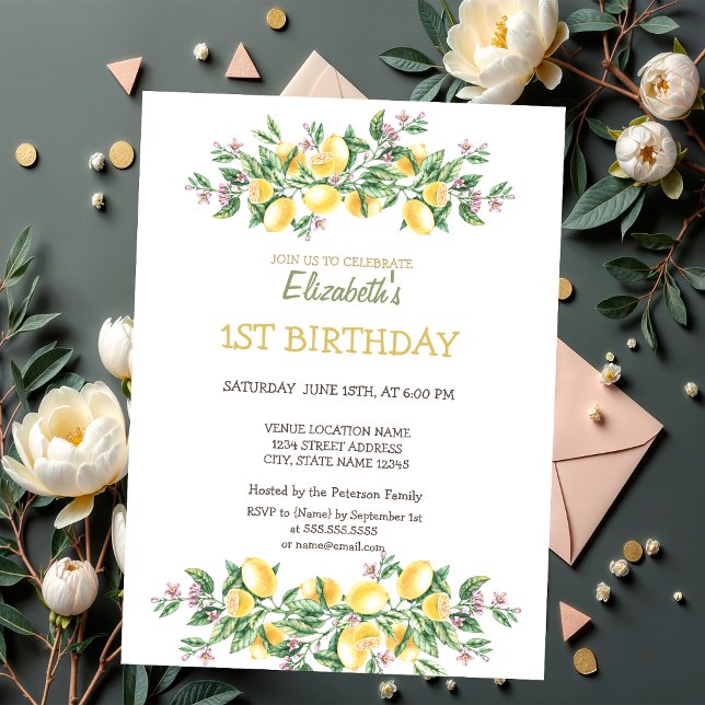 Invitation Aquarelle Citrons Fleurs Botaniques Anniversaire (Créateur téléchargé)