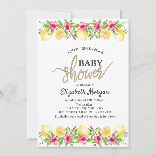 Invitation Aquarelle Citrons Hibiscus Baby shower botanique (Devant)