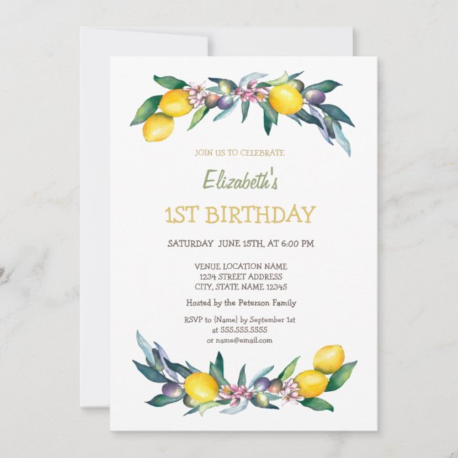 Invitation Aquarelle Citrons jaunes Oliviers Anniversaire (Devant)