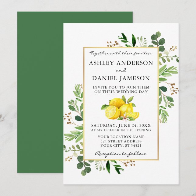 Invitation Aquarelle Citrons Mariage Botanique Verdure (Devant / Derrière)
