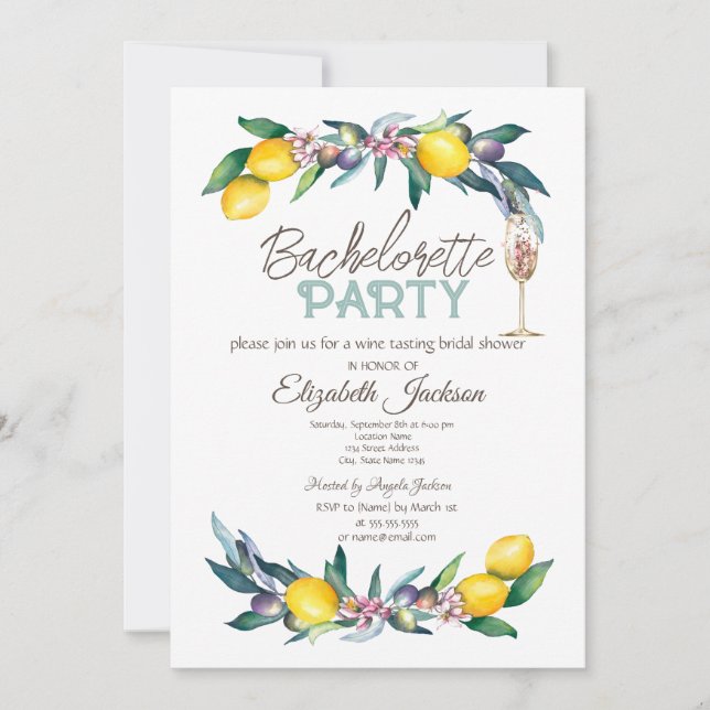 Invitation Aquarelle Citrons Olives Verre Bachelorette (Devant)