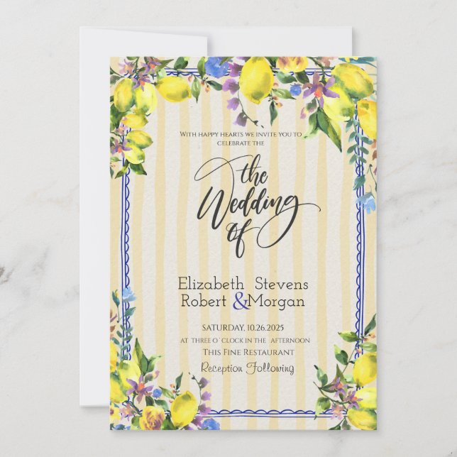 Invitation Aquarelle Citrons Rayures Jaunes Mariage (Devant)