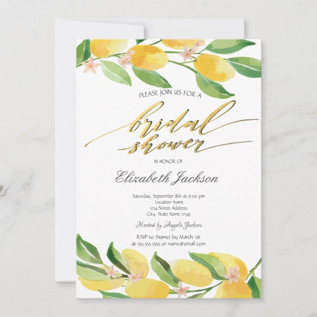Invitation Aquarelle Citrons Shower de Mariage (Devant)