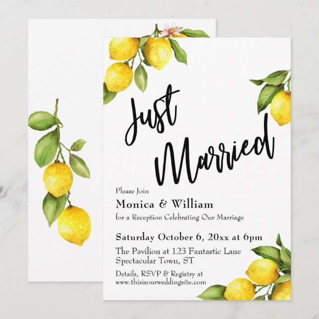 Invitation Aquarelle Citrons Typographie Jeunes Mariés (Devant / Derrière)