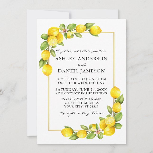 Invitation Aquarelle Citrons Verdure Mariage cadre or (Devant)
