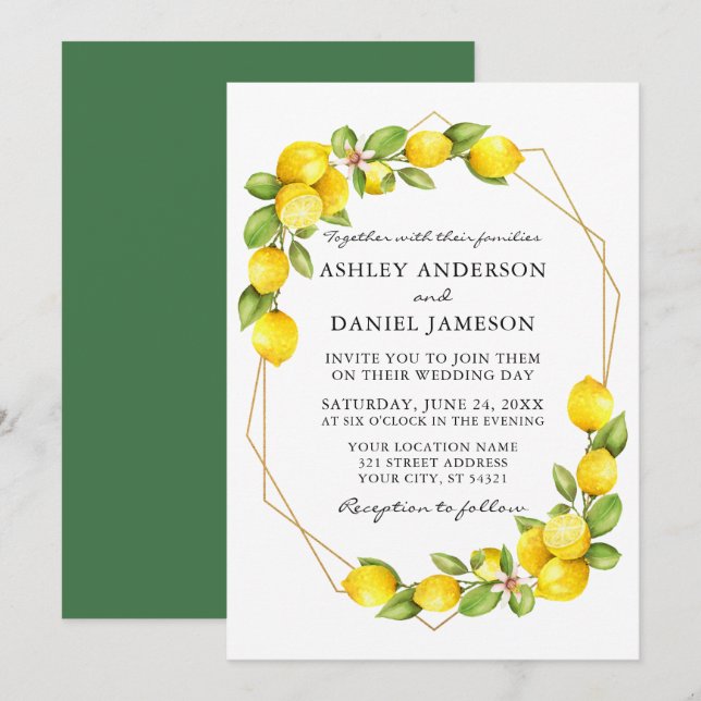Invitation Aquarelle Citrons vert Geo Frame Vert Mariage (Devant / Derrière)