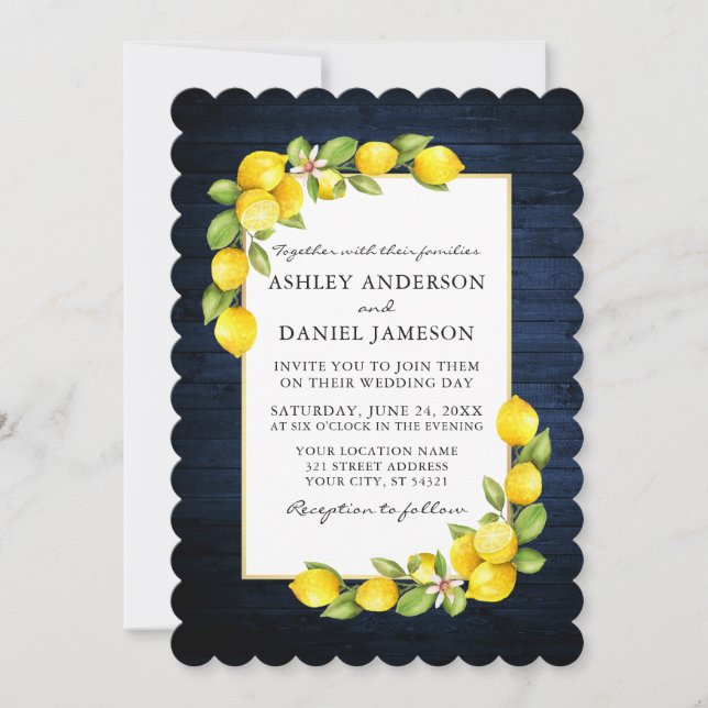 Invitation Aquarelle Citrons Vert Mariage en bois bleu (Devant)