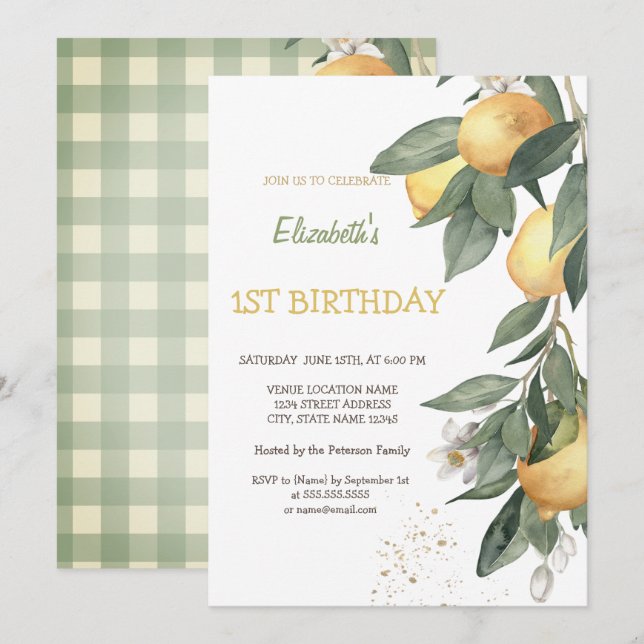 Invitation Aquarelle Citrons Vert Plaid Anniversaire (Devant / Derrière)