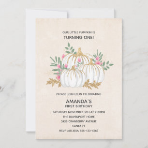 Invitation Aquarelle Citrouille blanche et or Anniversaire