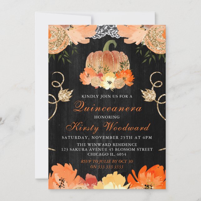 Invitation Aquarelle Citrouille Fleurs automnales Quinceanera (Devant)