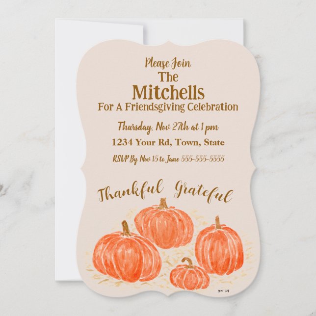 Invitation Aquarelle Citrouille Friendsgiving PERSONNALISER (Devant)
