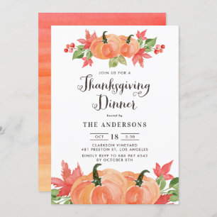 Invitation Aquarelle Citrouilles Automne Thanksgiving Dîner