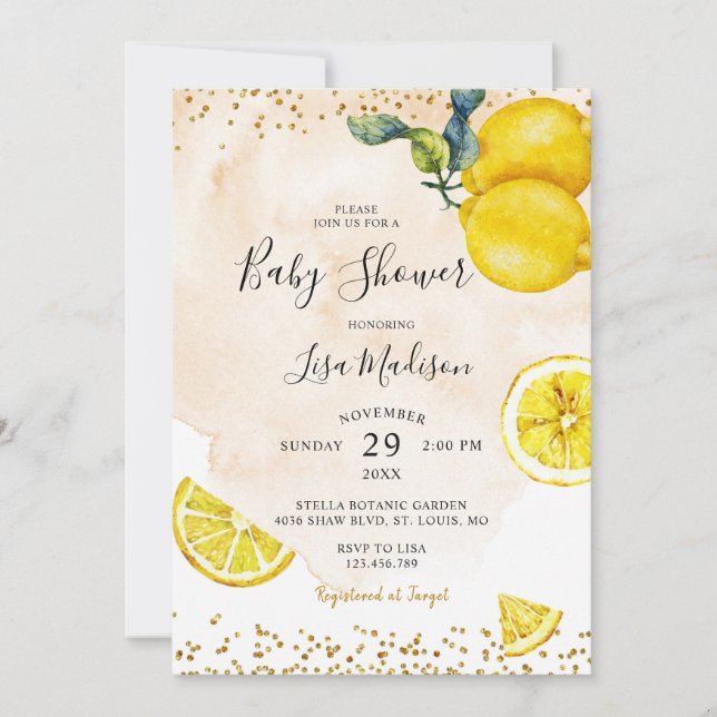 Invitation Aquarelle Citrus Lemon Baby shower à thème (Devant)