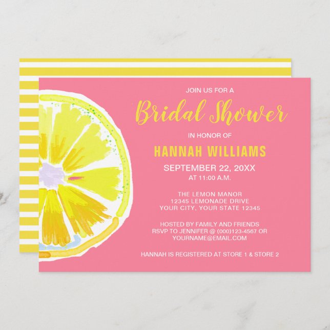 Invitation Aquarelle Citrus Lemon Fête des mariées rose Invit (Devant / Derrière)