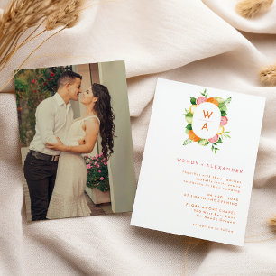 Invitation Aquarelle Citrus Monogram Crest Photo Mariage