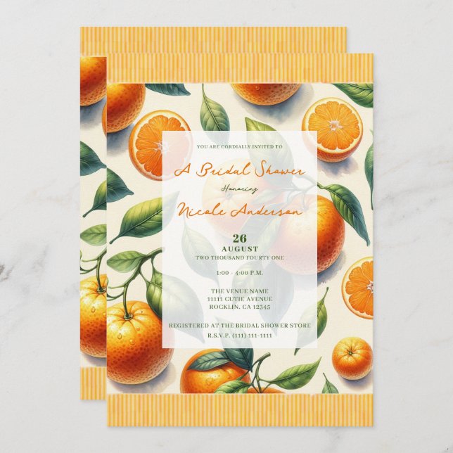 Invitation Aquarelle Citrus Orange Feuille Fête des mariées (Devant / Derrière)