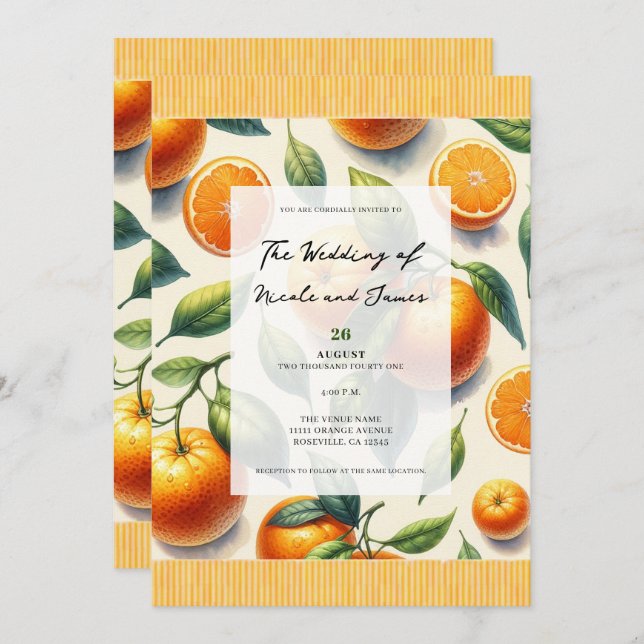 Invitation Aquarelle Citrus Orange Feuille Mariage (Devant / Derrière)