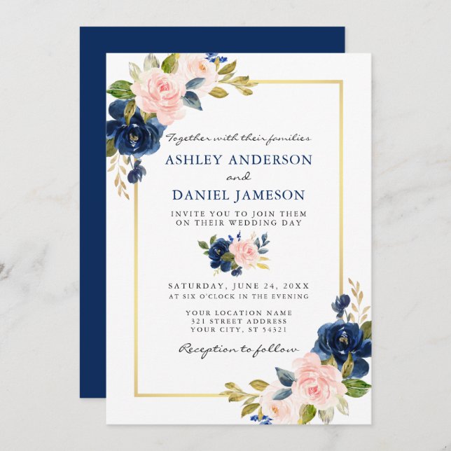 Invitation Aquarelle Classic Bleu rose Floral Mariage or (Devant / Derrière)