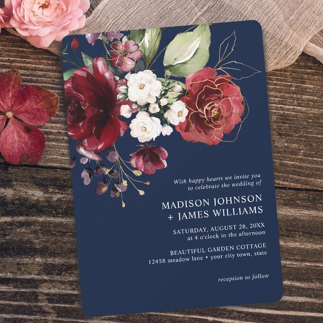 Invitation Aquarelle classique en or bordeaux Mariage floral (Classic Gold Burgundy Watercolor Floral Wedding Invitation)