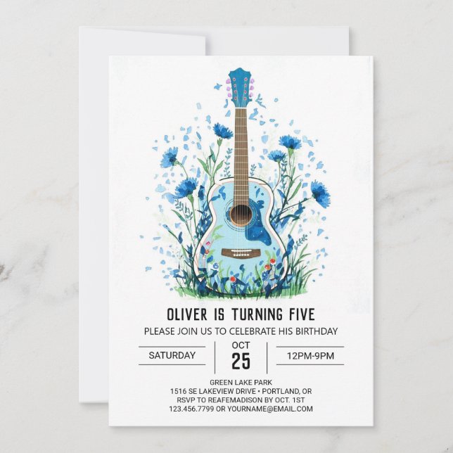 Invitation Aquarelle classique Guitare garçon Anniversaire (Devant)