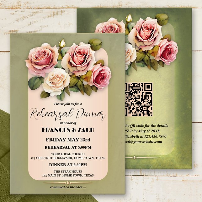 Invitation Aquarelle classique Rose QR Code Dîner de répétiti (Créateur téléchargé)