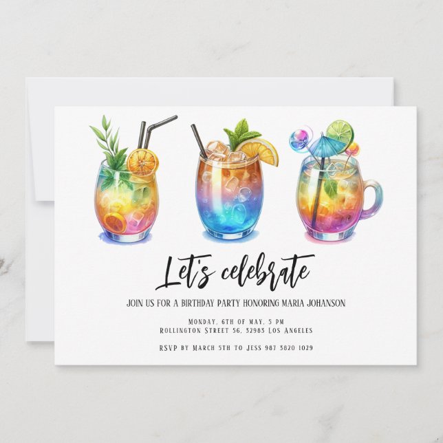 Invitation Aquarelle Cocktails d'été fête d'anniversaire (Devant)