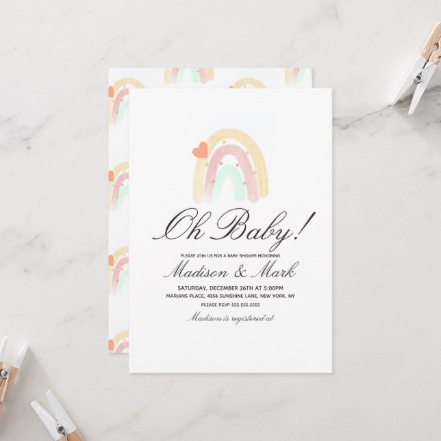 Invitation Aquarelle Coeur Rainbow Stroke Baby shower (Devant/Arrière en situation)