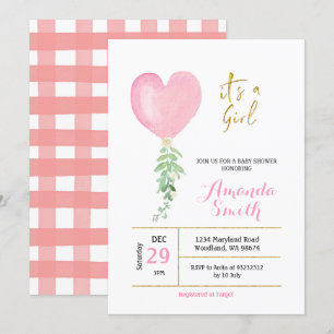 Invitation Aquarelle Coeur rose Baby shower Fille de ballon