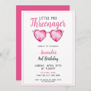 Invitation Aquarelle Coeur rose Lunettes de soleil 3e anniver