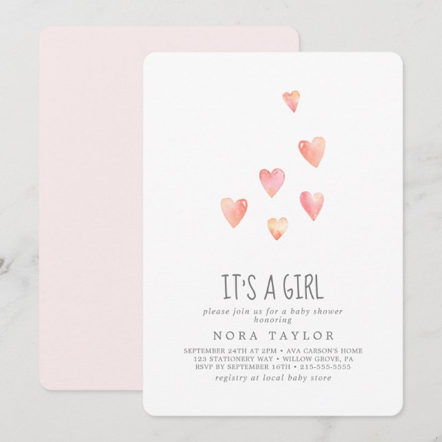 Invitation Aquarelle Coeurs C'est un Baby shower fille (Devant / Derrière)