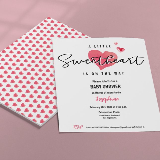 Invitation Aquarelle Coeurs Petit Baby shower amoureux (A little sweetheart is on the way heart watercolor baby shower invitation template.)