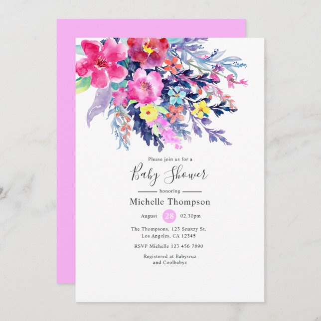 Invitation Aquarelle colorée Baby shower floral (Devant / Derrière)