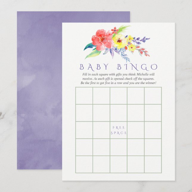 Invitation Aquarelle colorée Baby shower floral Bingo (Devant / Derrière)