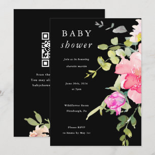 Invitation Aquarelle colorée Baby shower floral noir