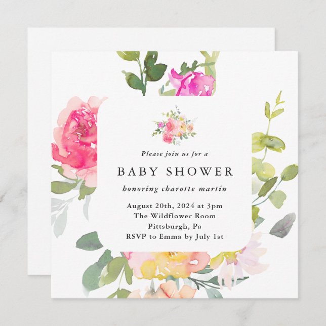 Invitation Aquarelle colorée Baby shower floral QR Code (Devant / Derrière)