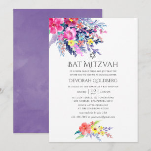 Invitation Aquarelle colorée Bat mitzvah floral