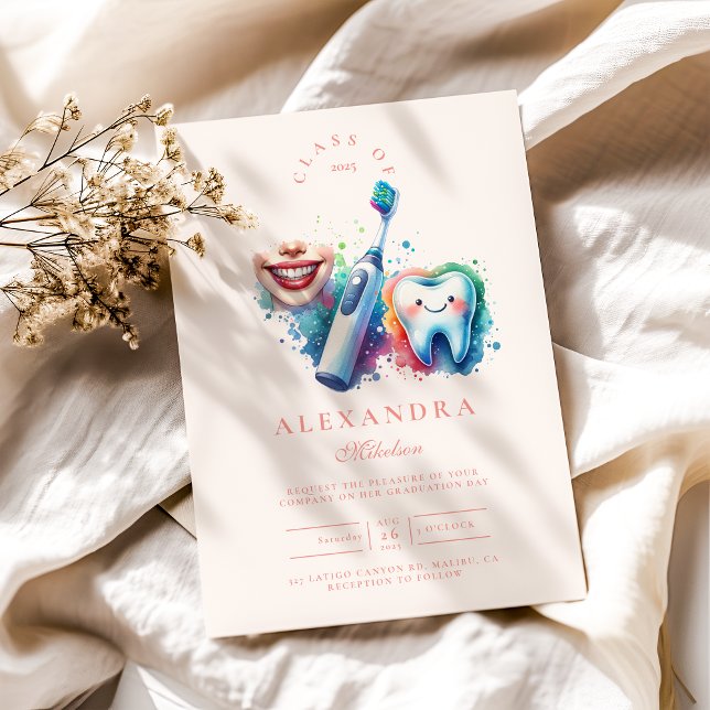 Invitation Aquarelle colorée Dentiste Graduation (Créateur téléchargé)