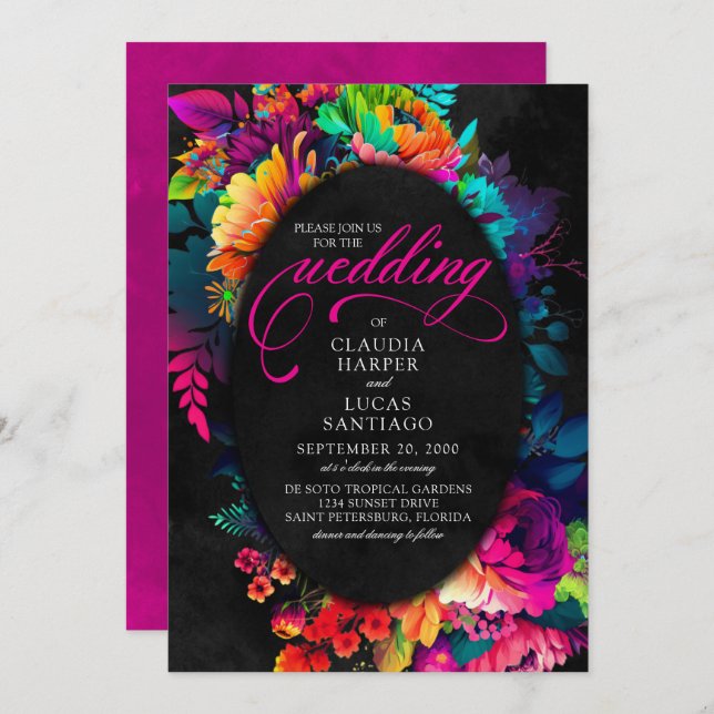 Invitation Aquarelle colorée Fiesta Mariage floral (Devant / Derrière)