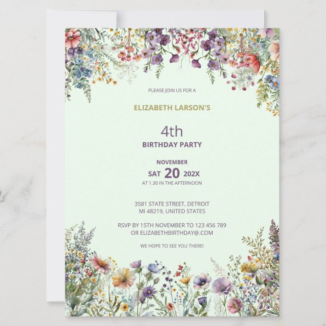 Invitation Aquarelle colorée Fleur sauvage Florale Anniversai (Devant)